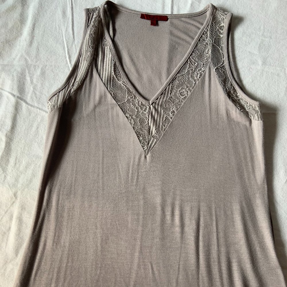 Red tank top  light grey, lace shoulders and neck line, size L